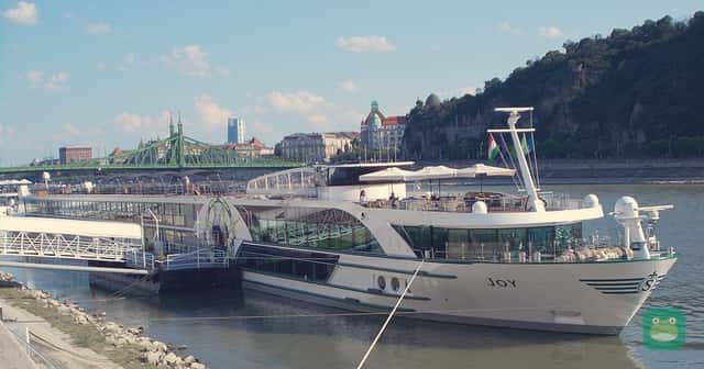 ms Joy moored near Liberty Bridge in Budapest, 2023