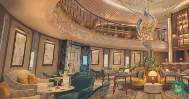 Artist's rendering of Bar 1873 in Oosterdam's atrium, with the illuminated tulip sculpture. Final design may vary.